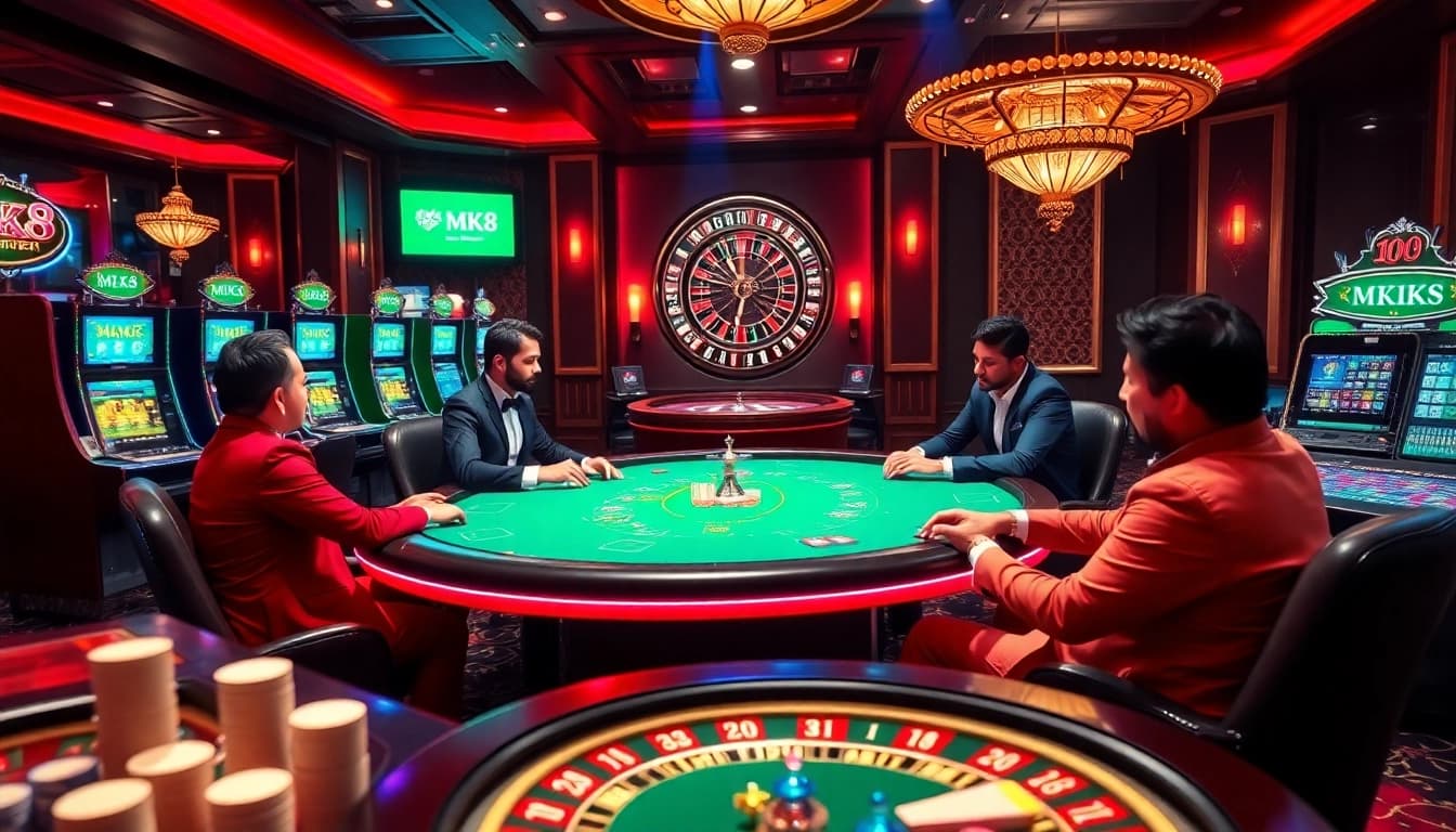 Players engaging in high-stakes poker at an MK8 casino, showcasing excitement and luxury.