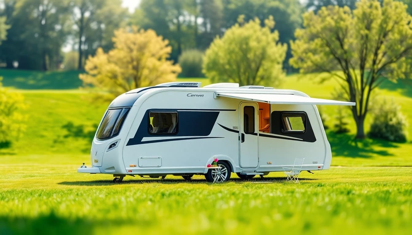 Hugh Daly Caravans on display in a tranquil outdoor setting with sleek design.