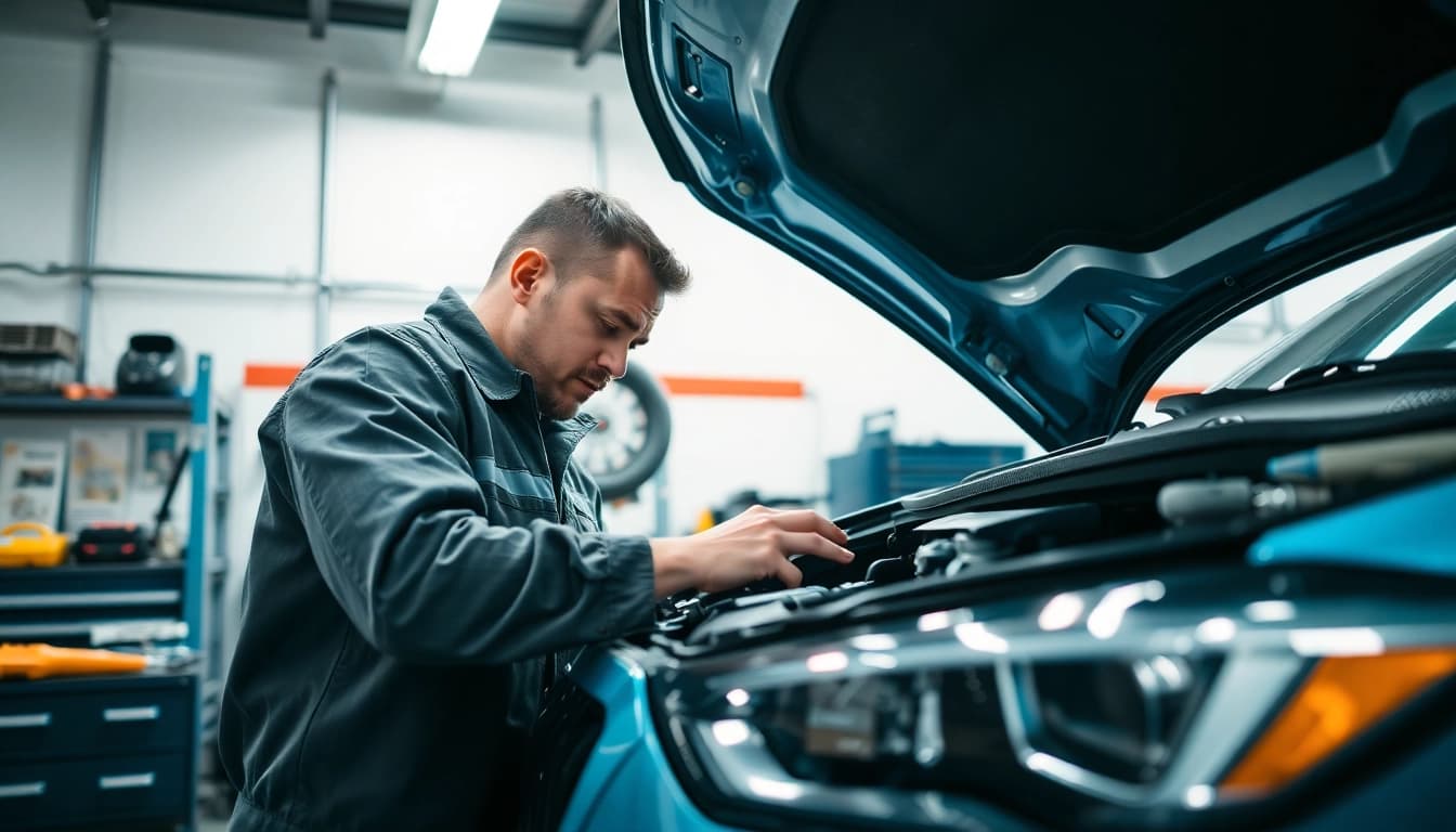 Find a reliable mechanic near me working diligently under the hood of a vehicle.