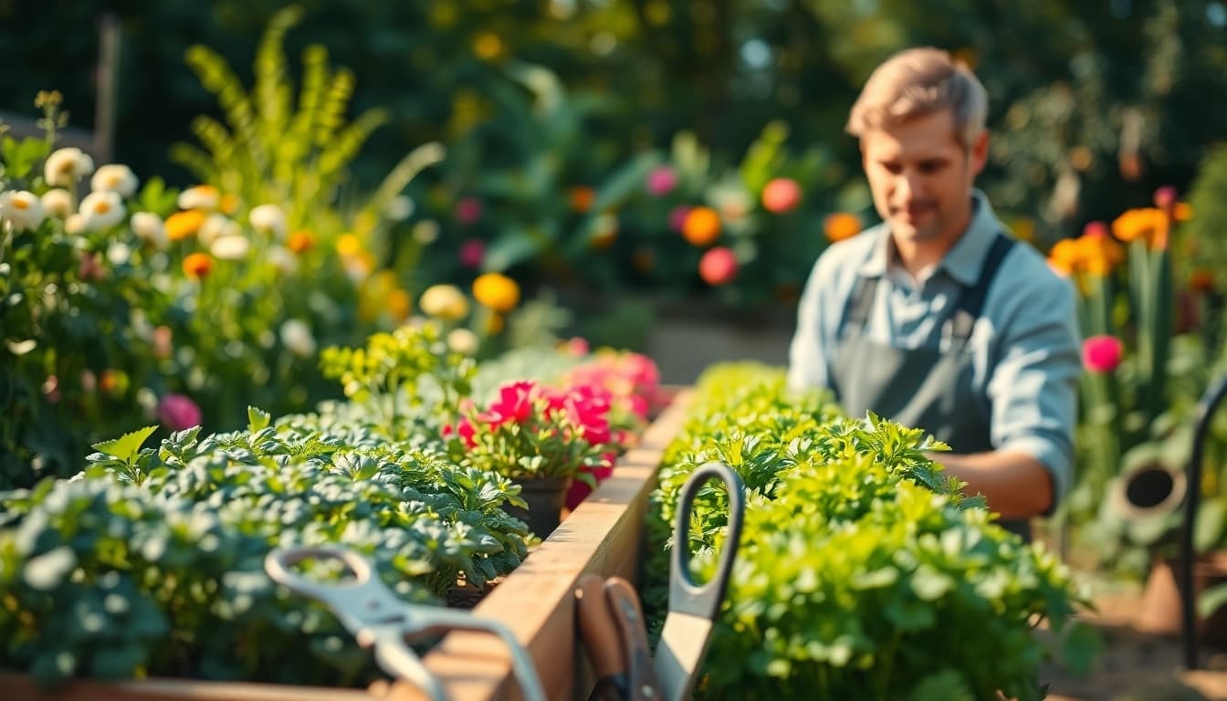 Gardening activities showcasing a gardener nurturing vibrant plants in a lush garden.