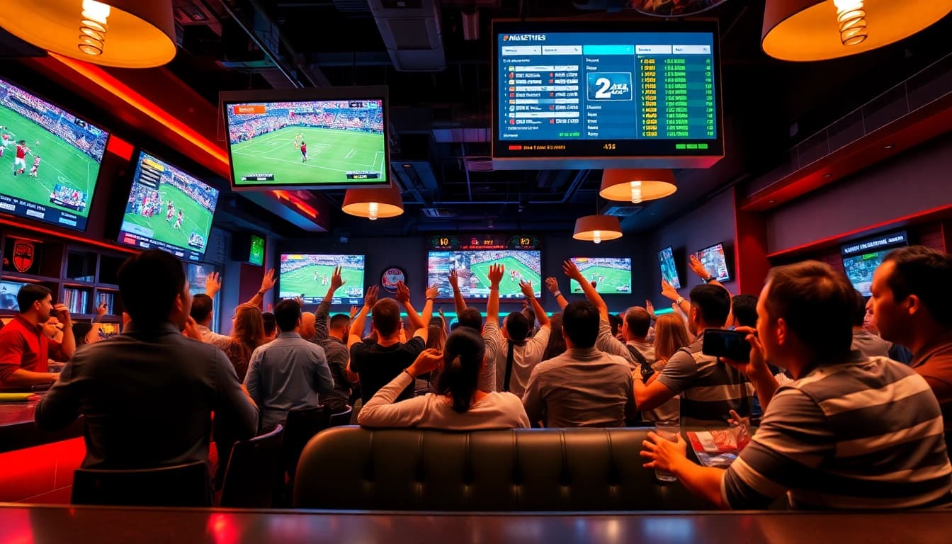 Exciting sports betting scene showcasing 토토스토리 with fans cheering around large screens.