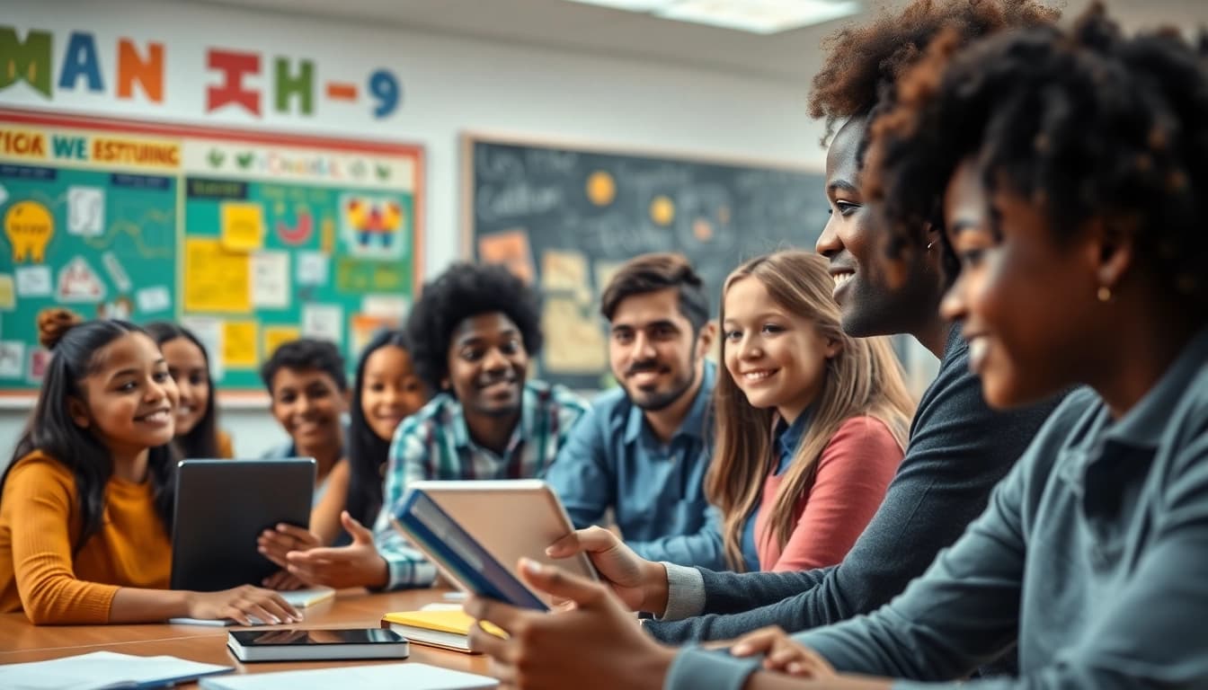 Students engaging in interactive Education activities in a bright classroom.
