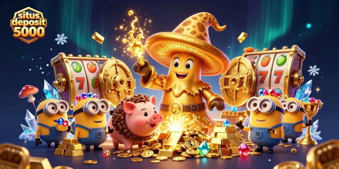 Experience the excitement of situs deposit 5000 with slot reels and colorful treasures bursting in a vibrant casino scene.