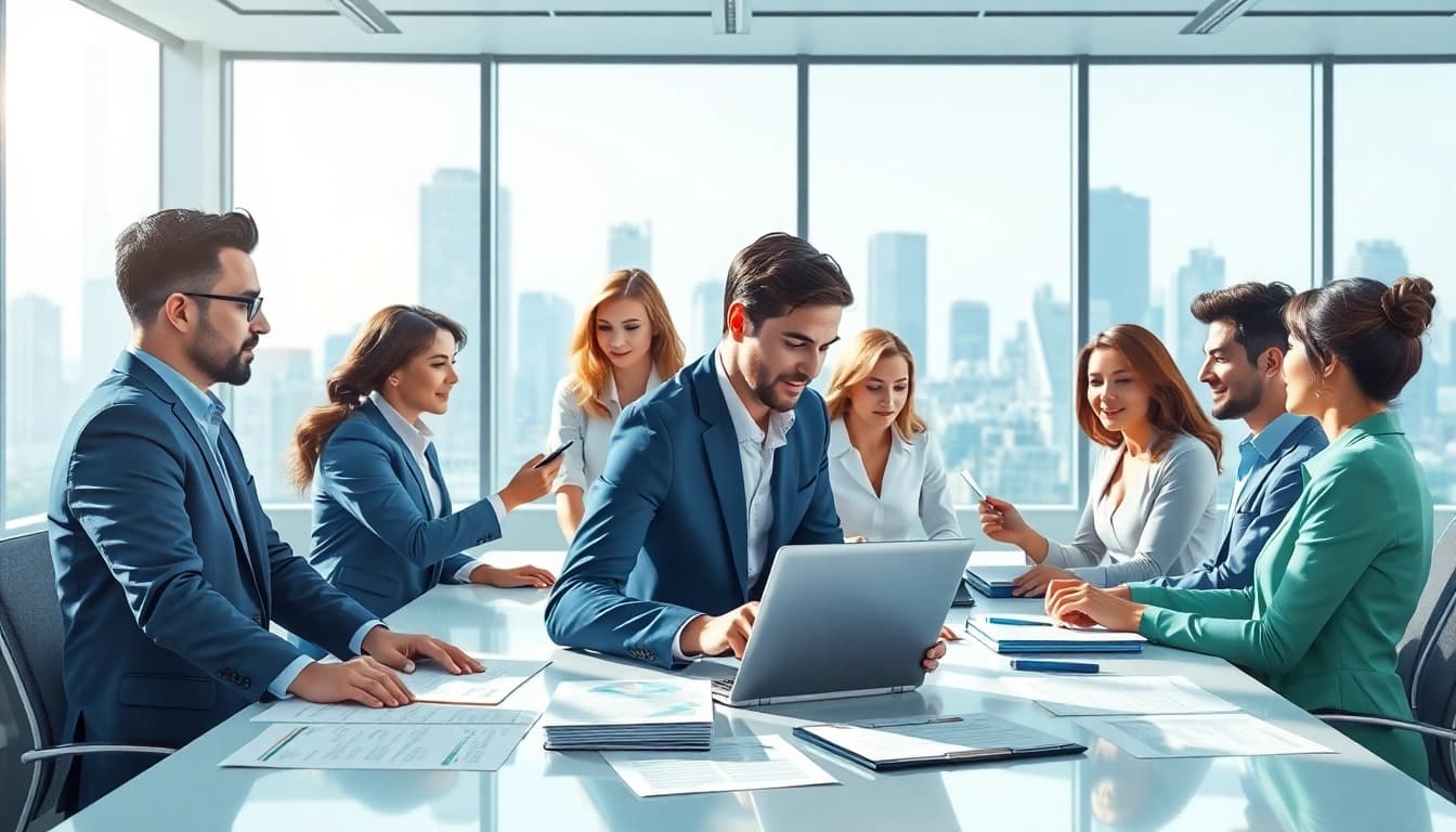Engaged business professionals collaborating in a vibrant office environment.