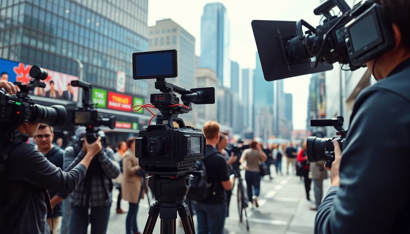 Capture the essence of reporting with https://news-parade.com.ua in a bustling urban setting.