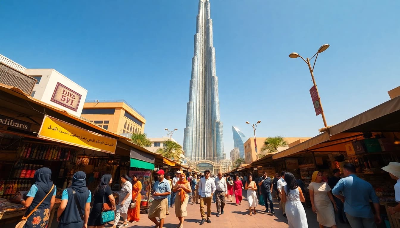 Vibrant Dubai street scene with Burj Khalifa, showcasing local interaction, markets, and culture on https://pulsetimes.ae/dubai-news.