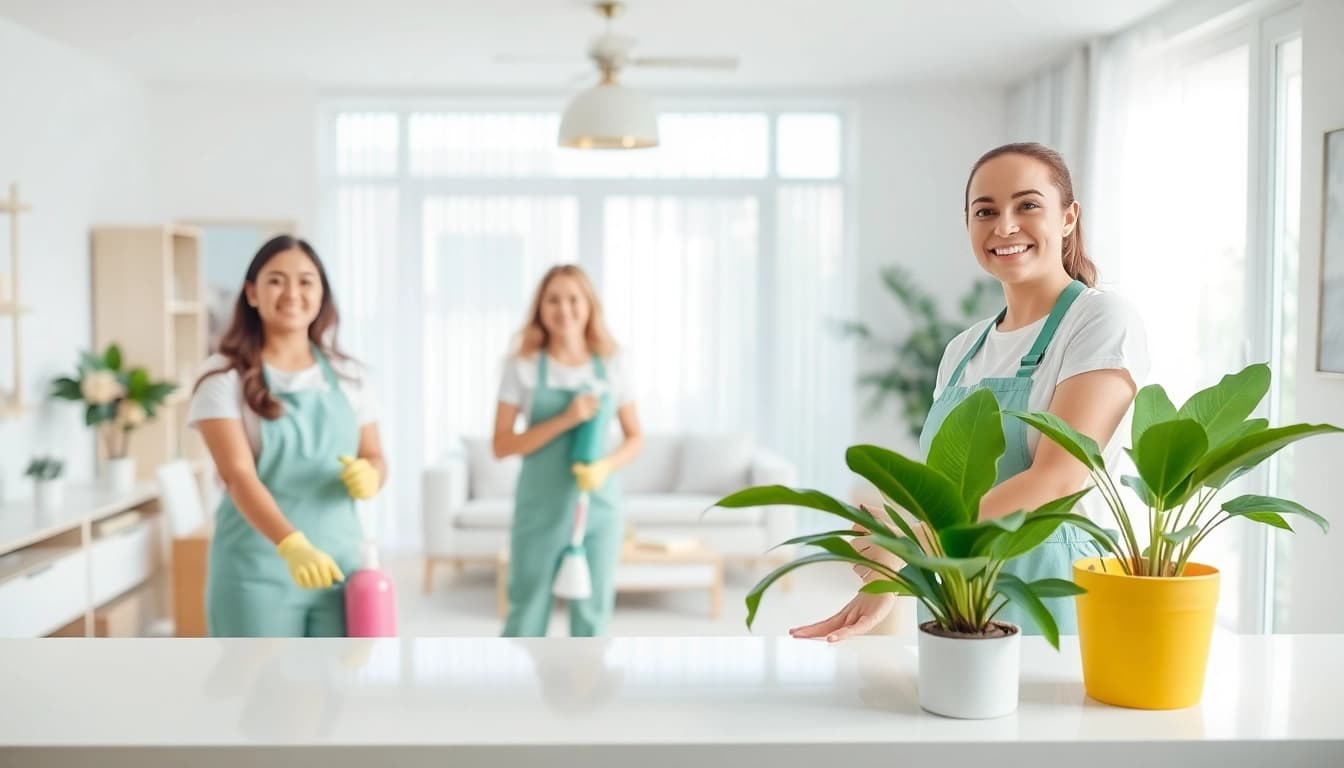Showcasing a cleaning service team bringing a fresh sparkle to a modern living room.