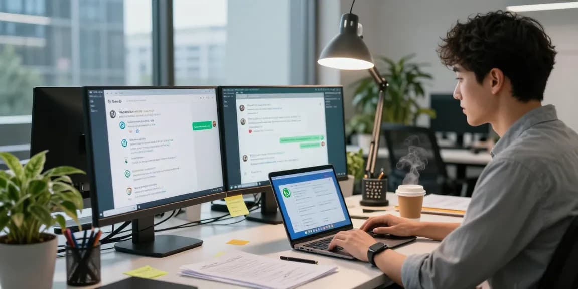 WhatsApp下載 on a dual monitor setup in a vibrant workspace.