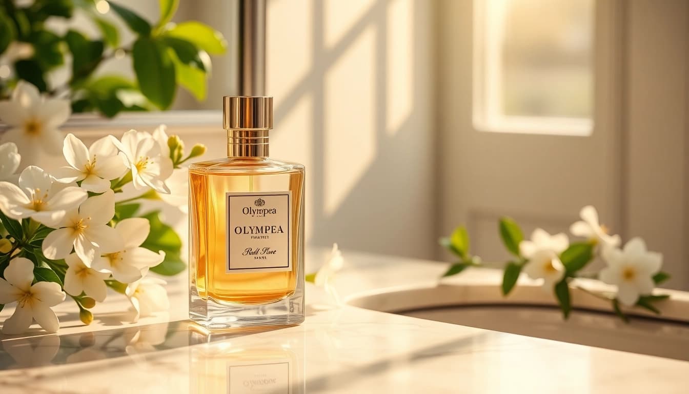 Experience Olympea perfume with its elegant bottle surrounded by jasmine flowers.