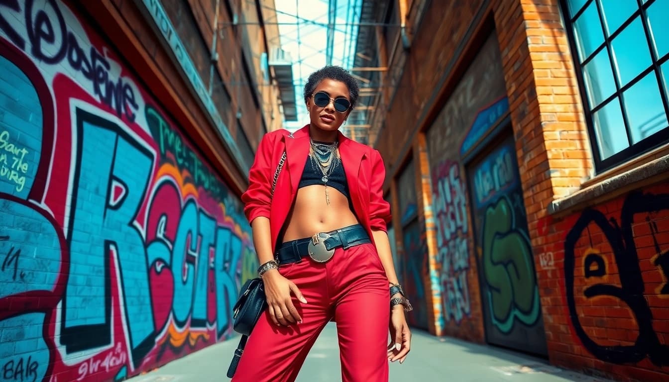 Stylish fashion model showcasing vibrant street fashion in a lively urban backdrop.