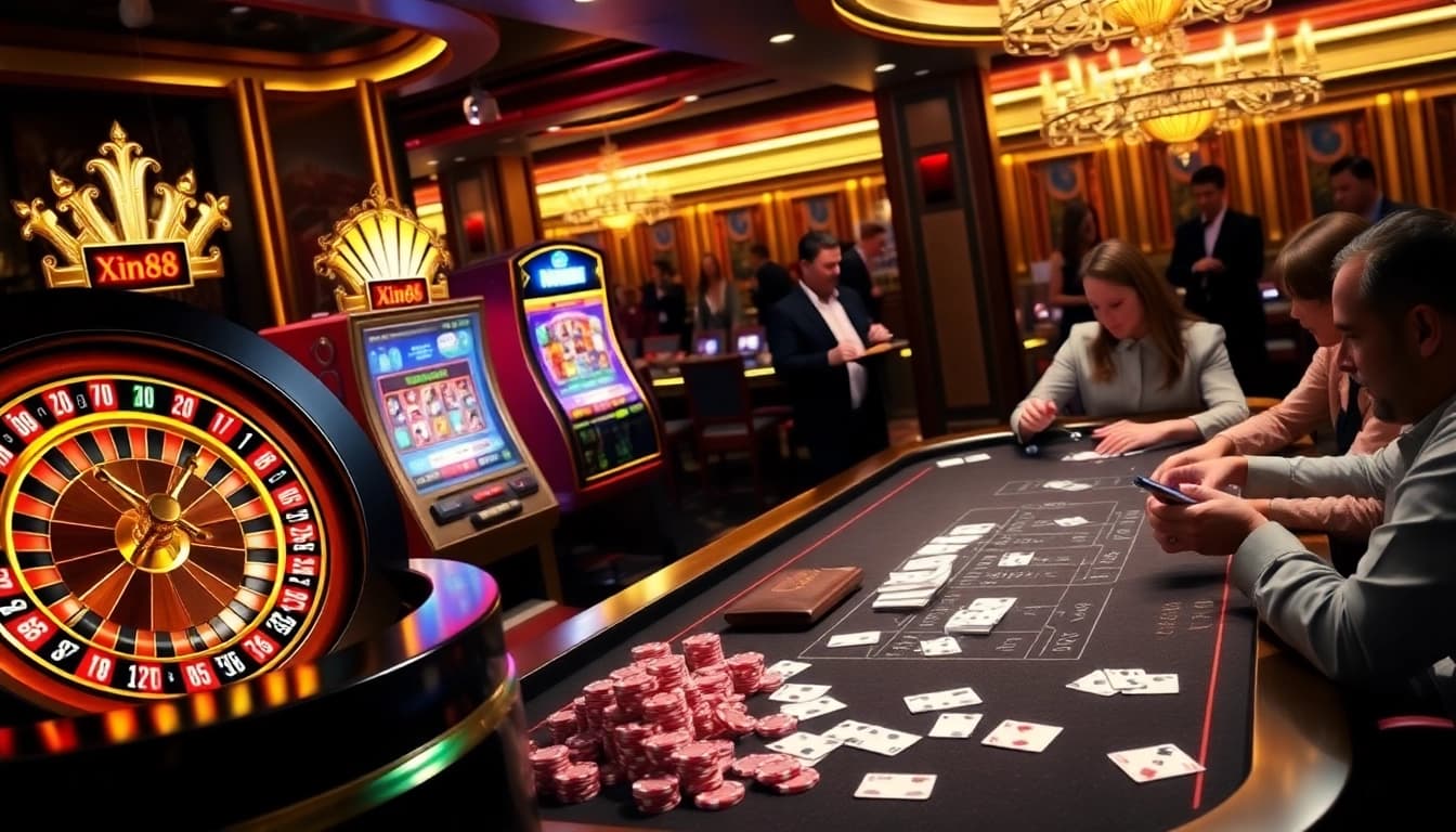 Experience exciting gameplay at https://xin88hv.site/ with vibrant poker tables and a roulette wheel.