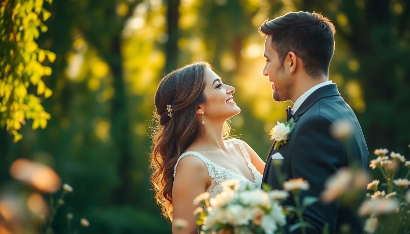 Wedding photographer capturing a romantic outdoor moment of a couple surrounded by nature.