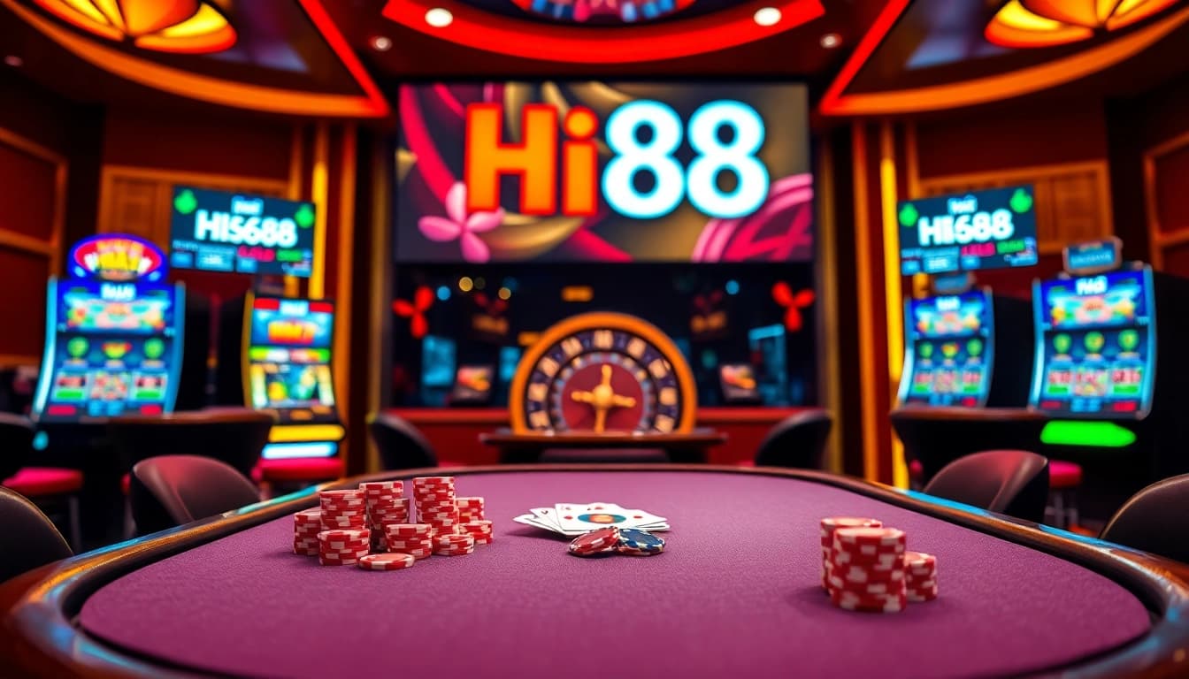 Engaging scene of high-stakes poker at Hi88 casino, showcasing cards and chips.