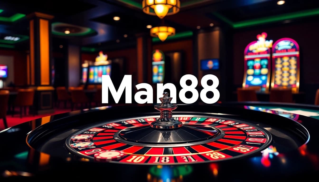 Experience thrilling games at Man88's vibrant casino tables with roulette, cards, and vibrant chips.