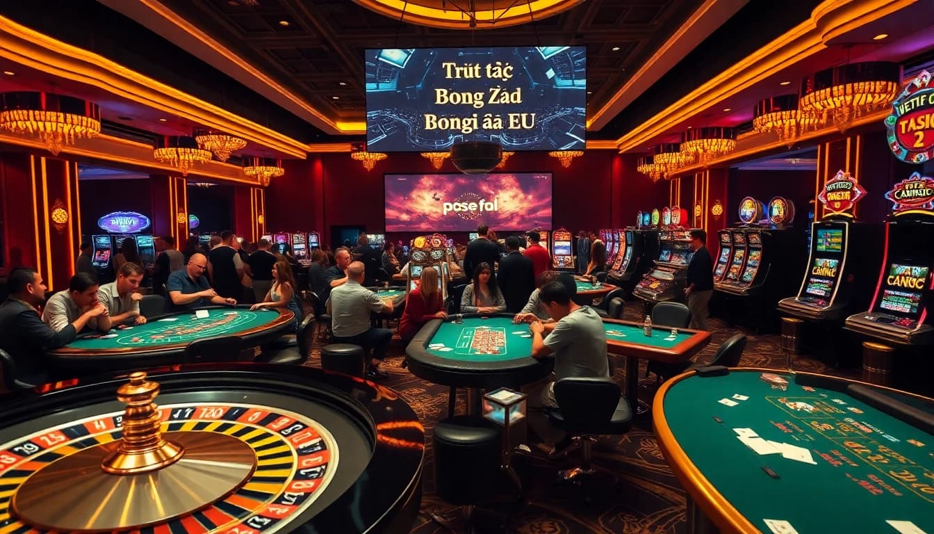Experience the thrill of gambling with Trực Tiếp Bóng Đá EU in a dynamic casino setting featuring vibrant tables and players.