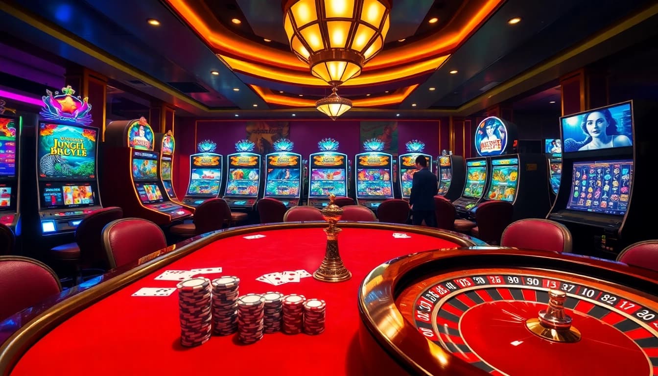 MM88 poker players strategizing at a luxurious casino table filled with chips and cards.