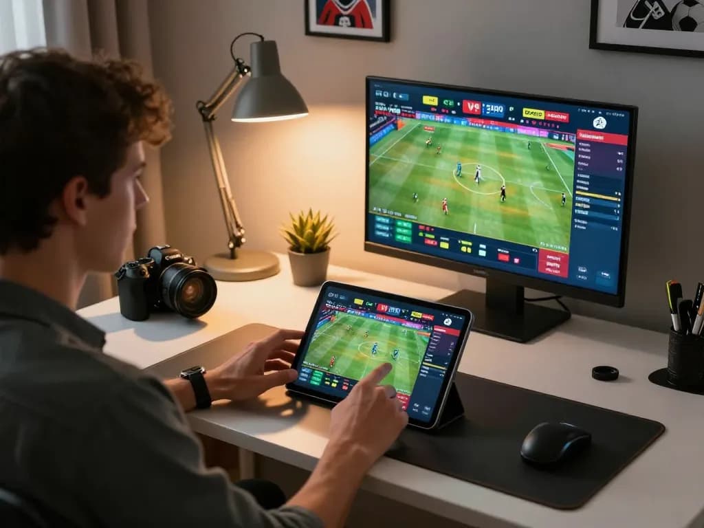 Person placing strategic bets on rr88 sports betting app in a cozy home office setting