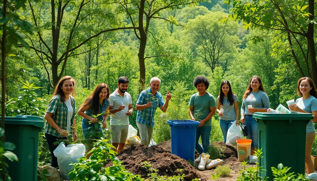 Engaging in sustainable practices at https://www.unsustainablemagazine.com with a vibrant green forest background.