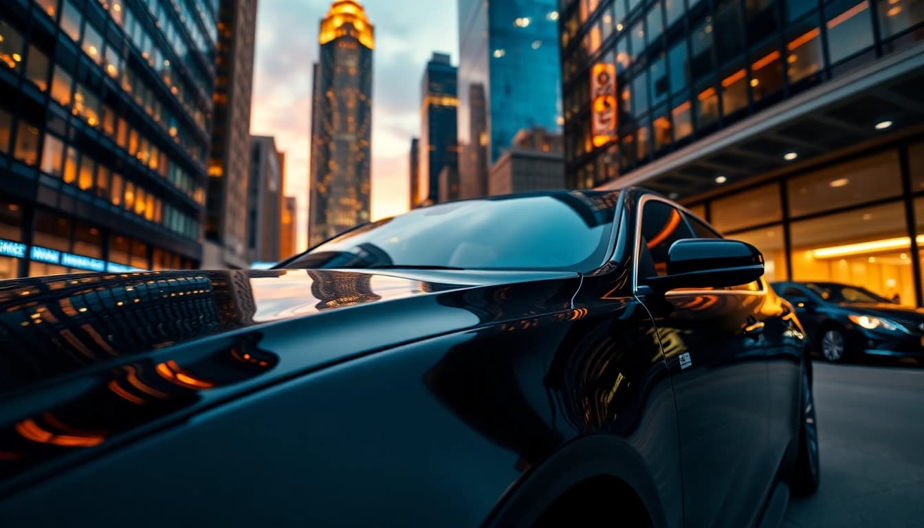 Experience premium Car service nyc with a luxurious black car in a vibrant urban setting.