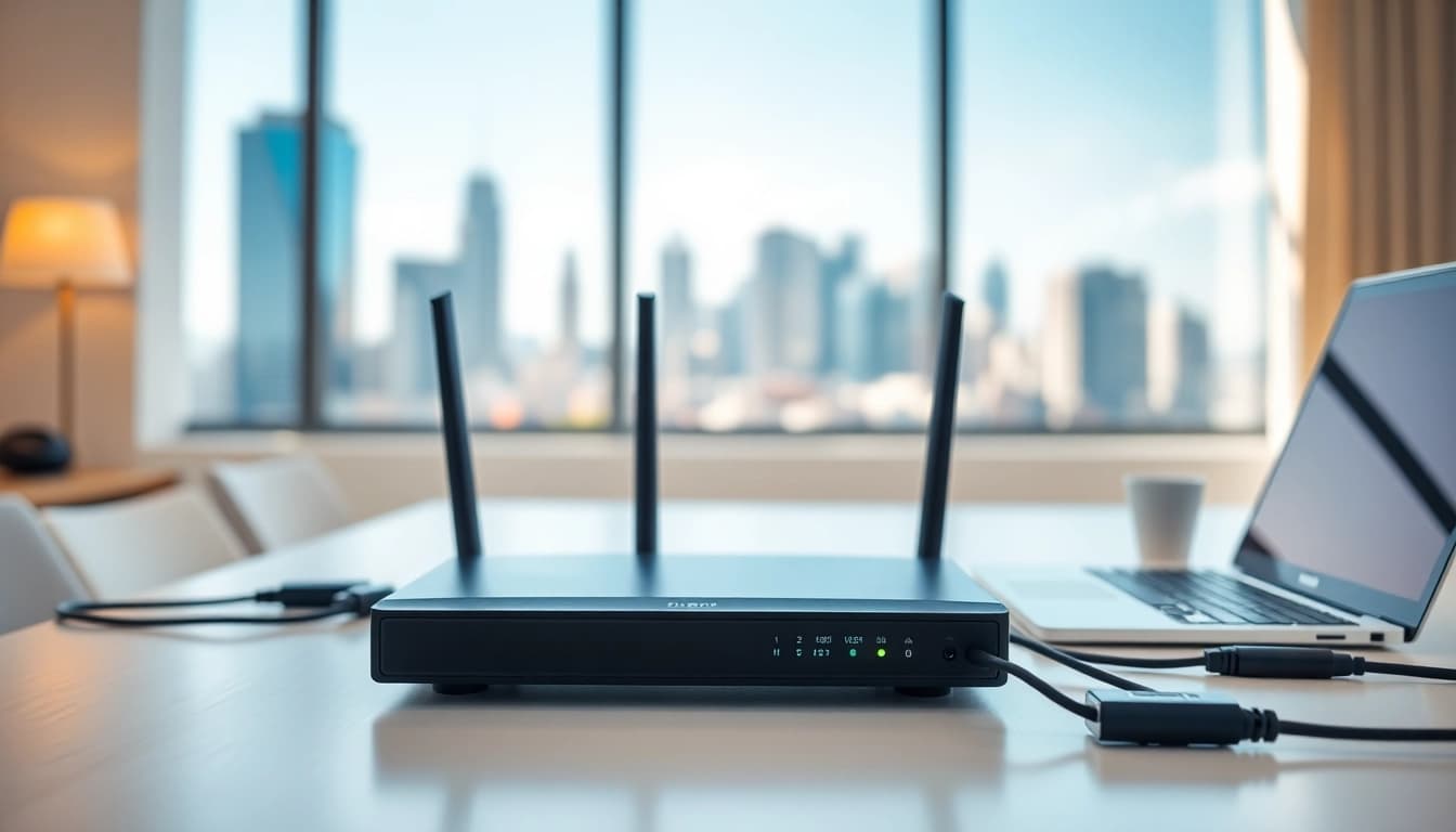 Setting up a vpn router uk in a modern office, showcasing connectivity and security.