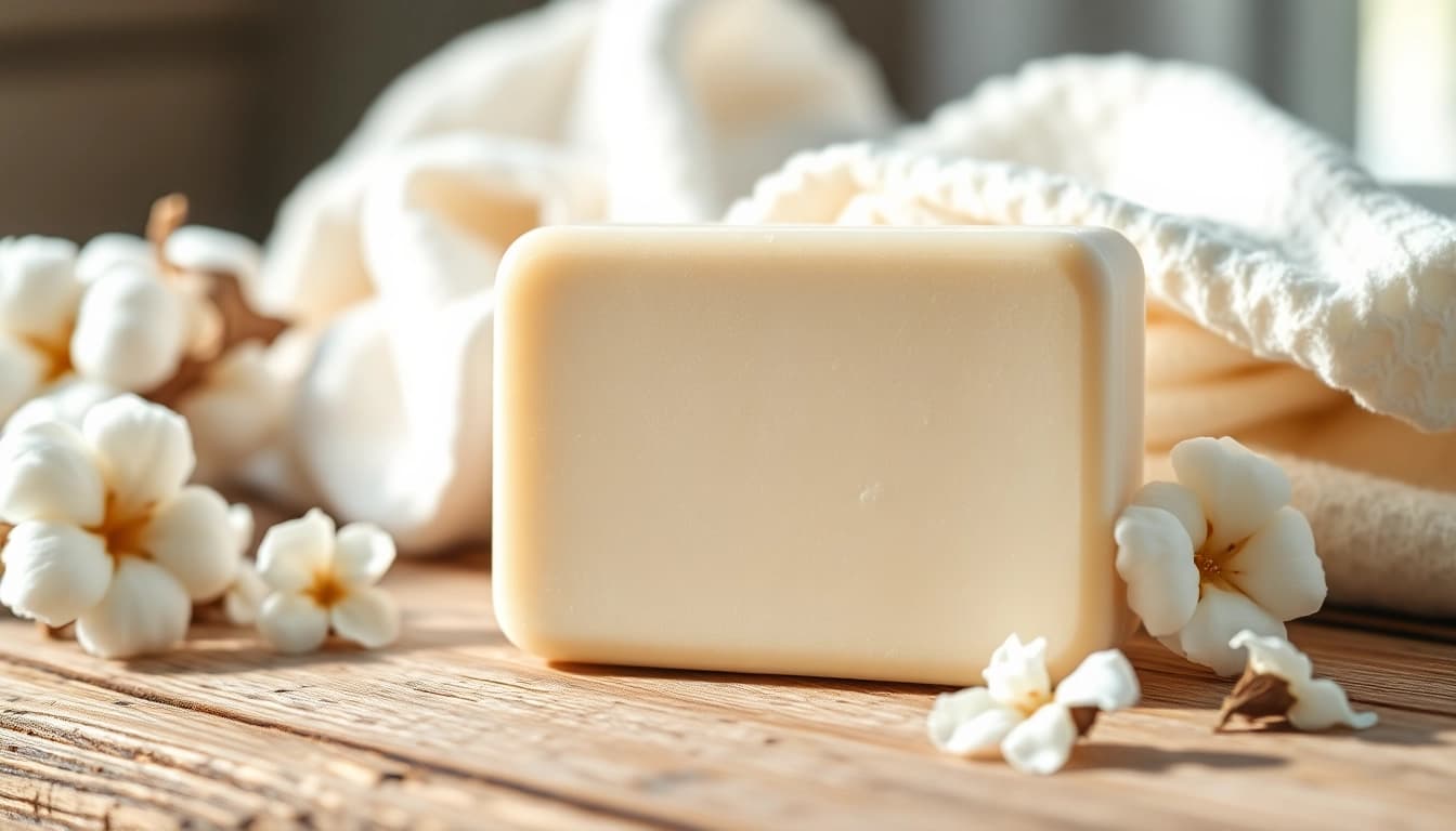 A laundry soap bar highlighted against soft fabrics, showcasing its smooth texture and inviting atmosphere.