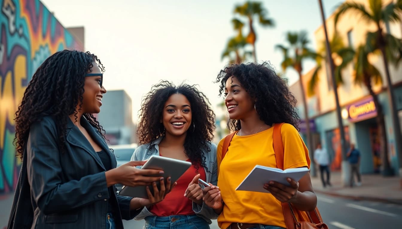 Two women discussing news stories in Los Angeles, representing 2UrbanGirls community engagement.