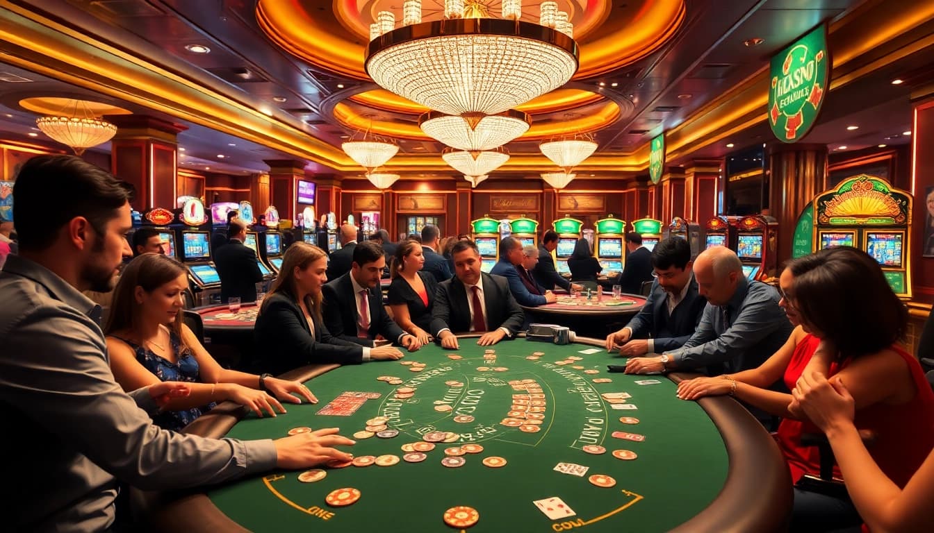 Scène passionnante de casino en ligne avec des joueurs autour d'une table de poker animée et des machines à sous.