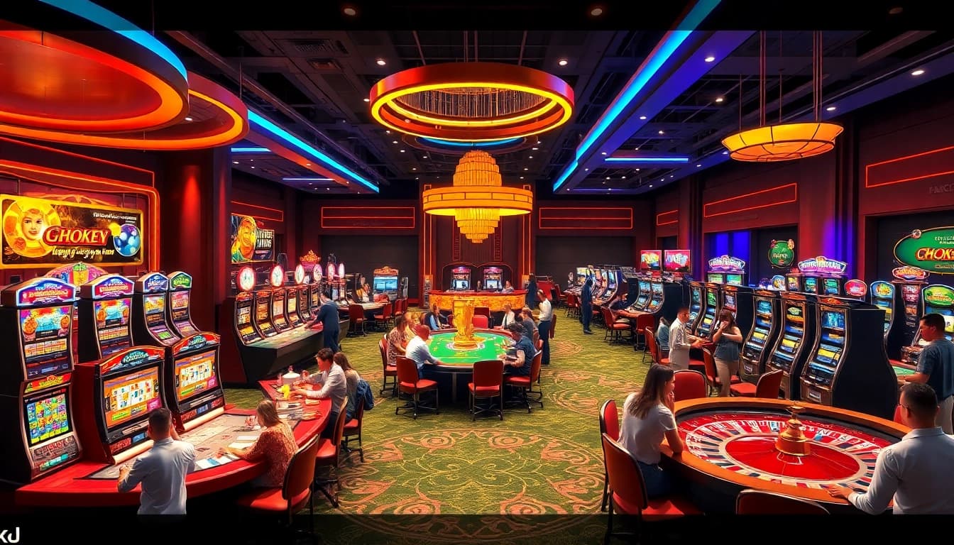 Experience the vibrant gambling world of KJC AC 1 with players enjoying casino tables and slot machines.