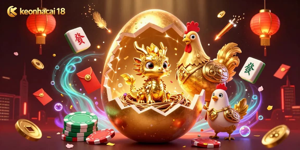 Bet on keonhacai 18 and witness the golden egg reveal a crystallized dragon among poker chips.