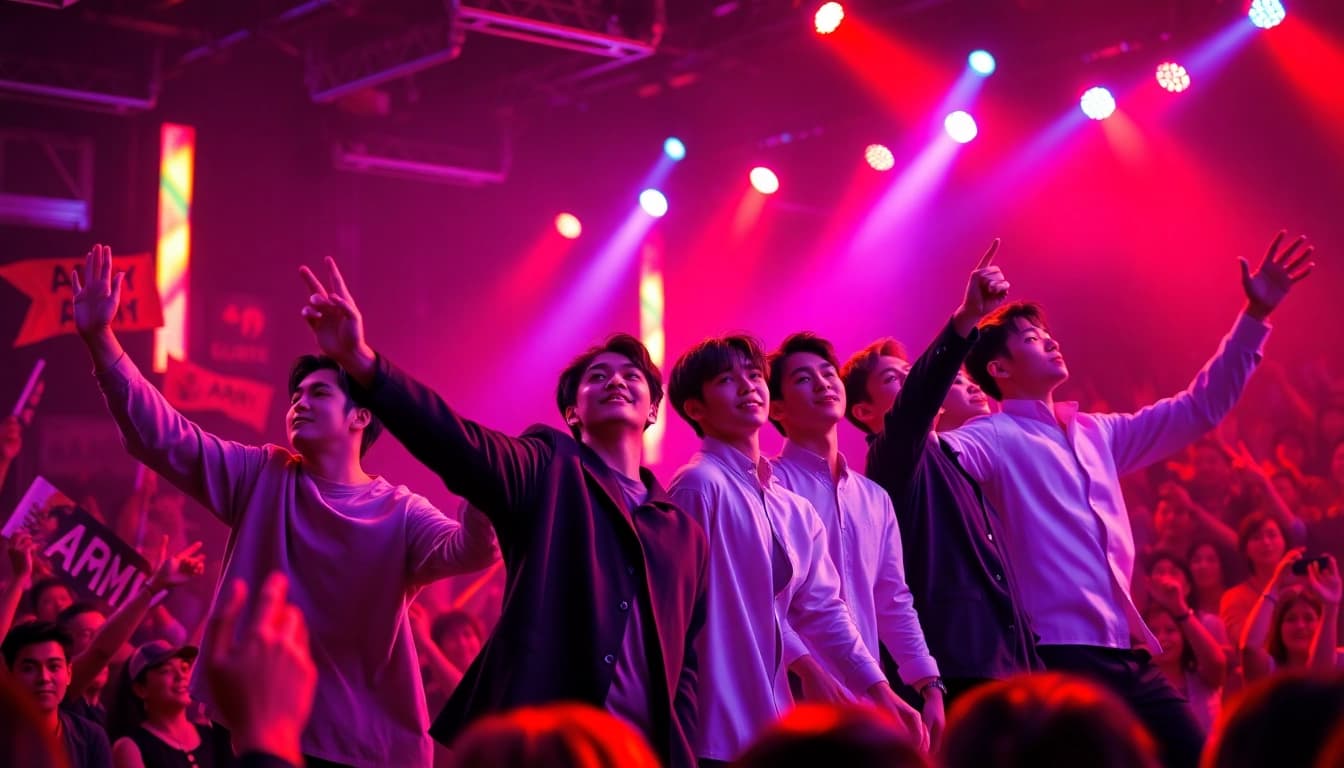 BTS members performing energetically on stage with vibrant lighting and enthusiastic fans.