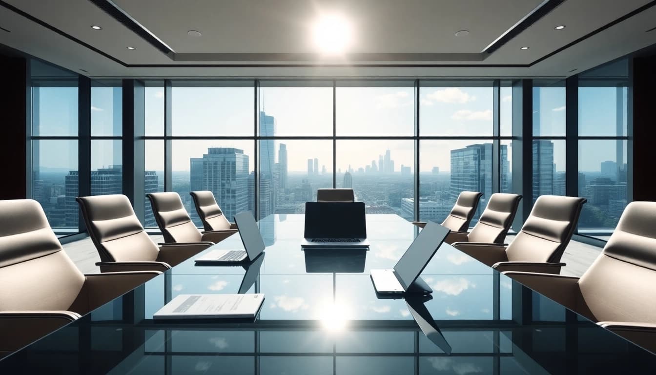 Visualize the concept of a luxembourg holding company with a modern boardroom setting and skyline view.