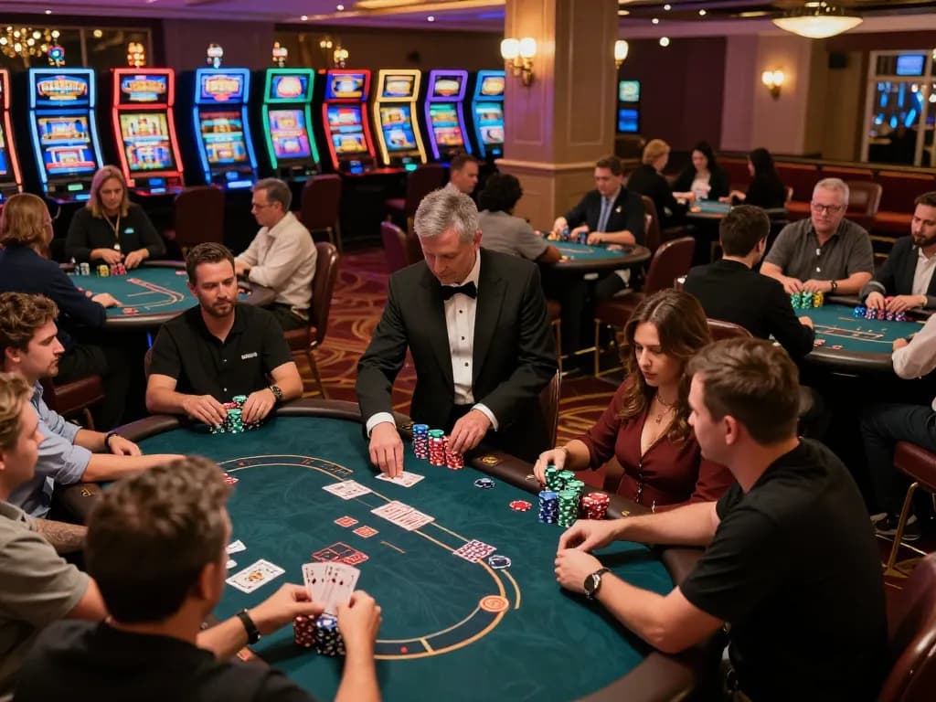Manclub poker players strategizing their next moves at a bustling casino table