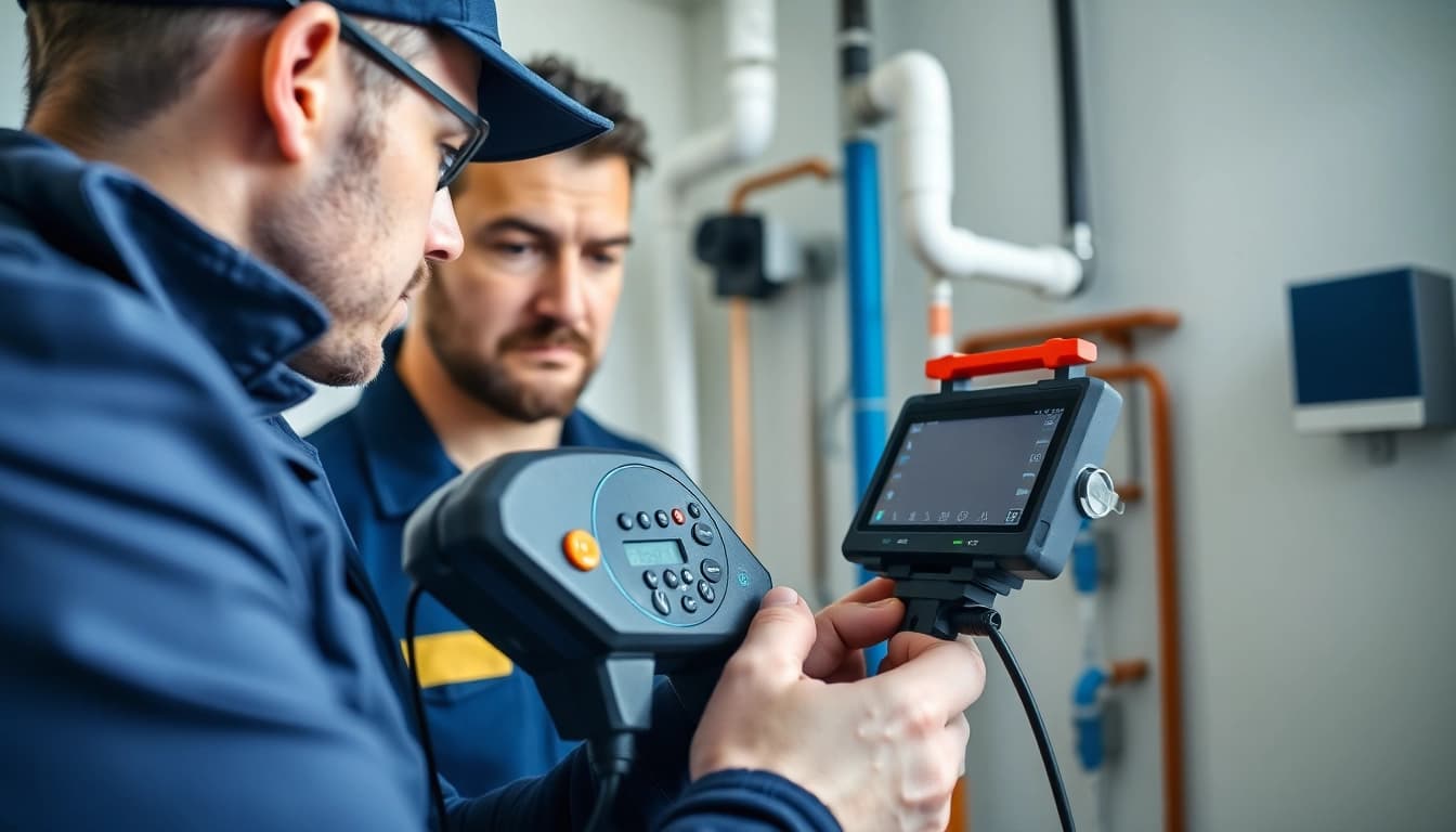Expert examining Leak Detection Glasgow plumbing systems with advanced tools.