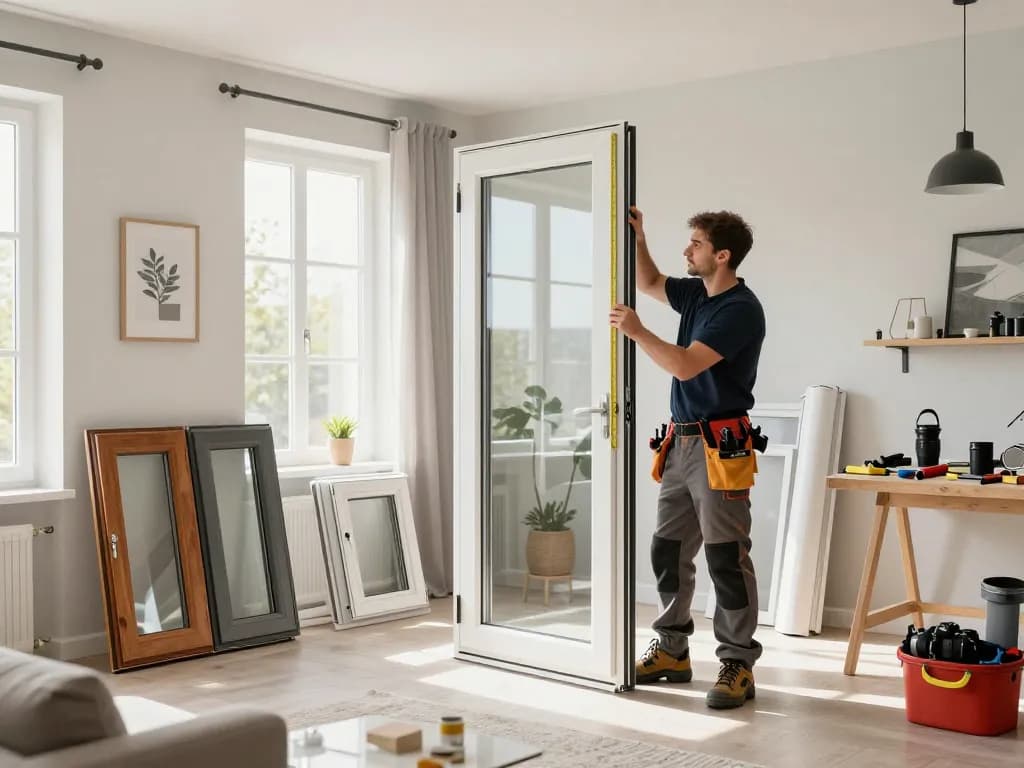 Handwerker installiert Fensterbau Köln in einem modernen Wohnzimmer und zeigt hochwertige Fensteroptionen und Werkzeuge