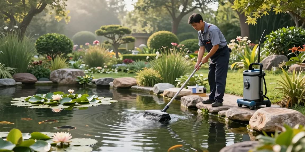 Pond Cleaning Surrey service in action, specialist cleaning a tranquil garden pond with water lilies.