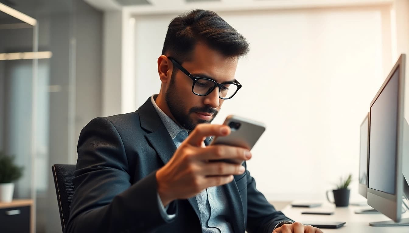 Vérification de numéro de téléphone via un smartphone dans un bureau moderne pour une interaction utilisateur optimale.
