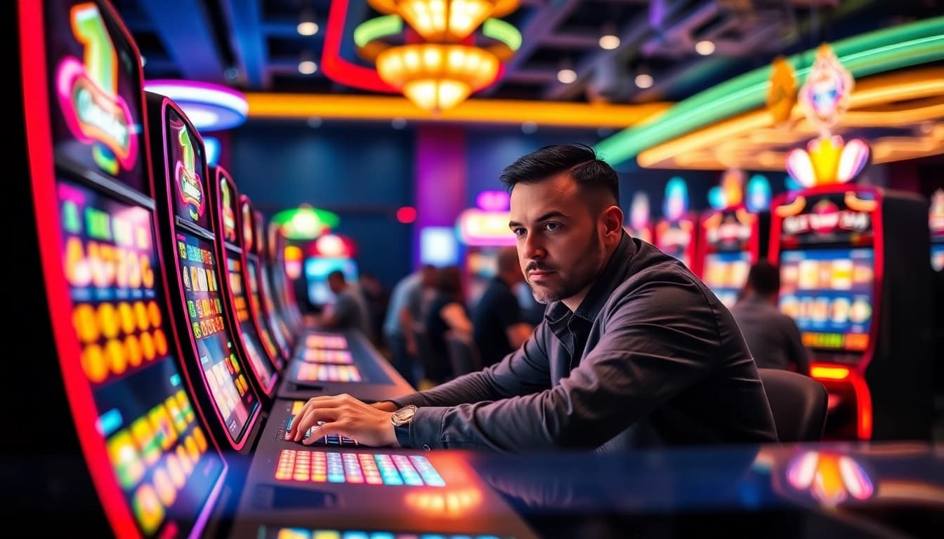 Mengalami keseruan permainan slot deposit 1000 di meja gaming modern, suasana casino yang energik.