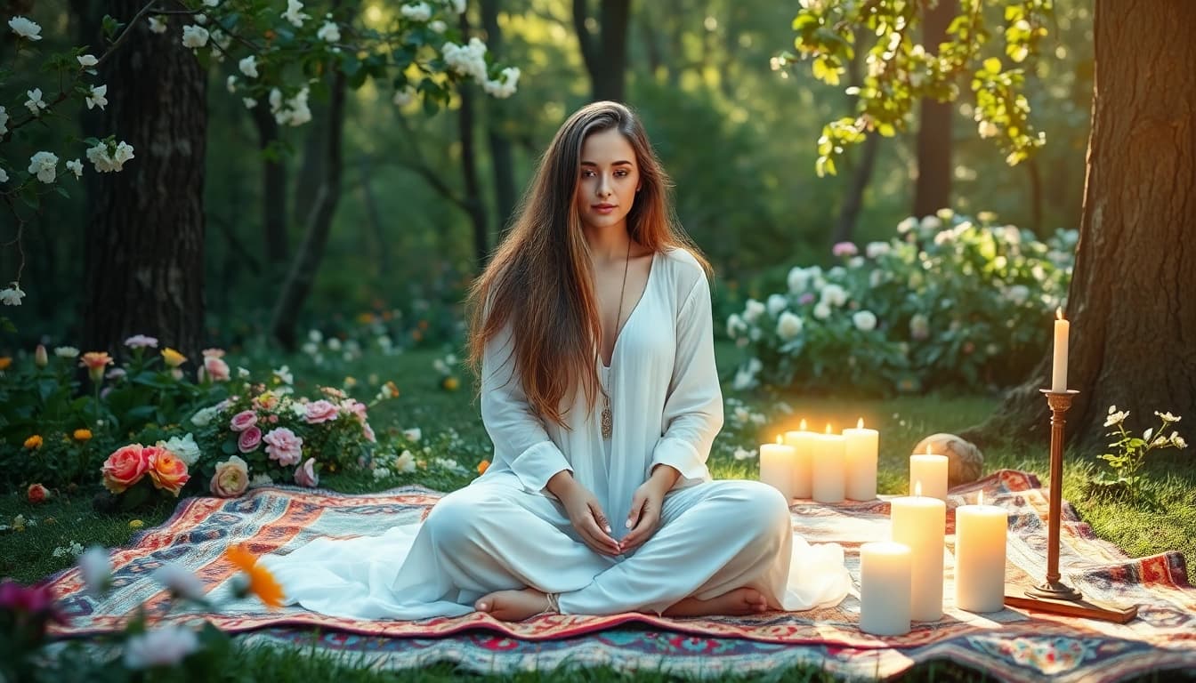 Experience intuitive energy readings at https://julielynn.co with a serene practitioner in a magical garden.