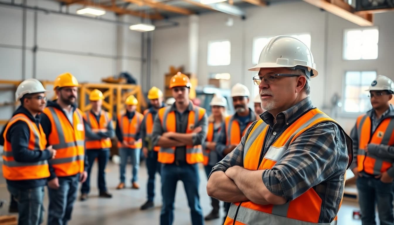 Engaged workers participating in construction safety training session, learning crucial safety protocols.