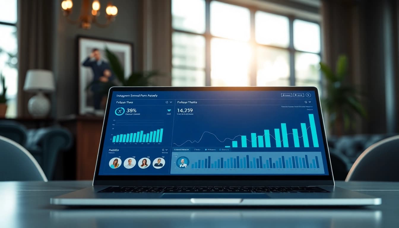 Analyze growth metrics on an Instagram smm panel interface in a modern office.