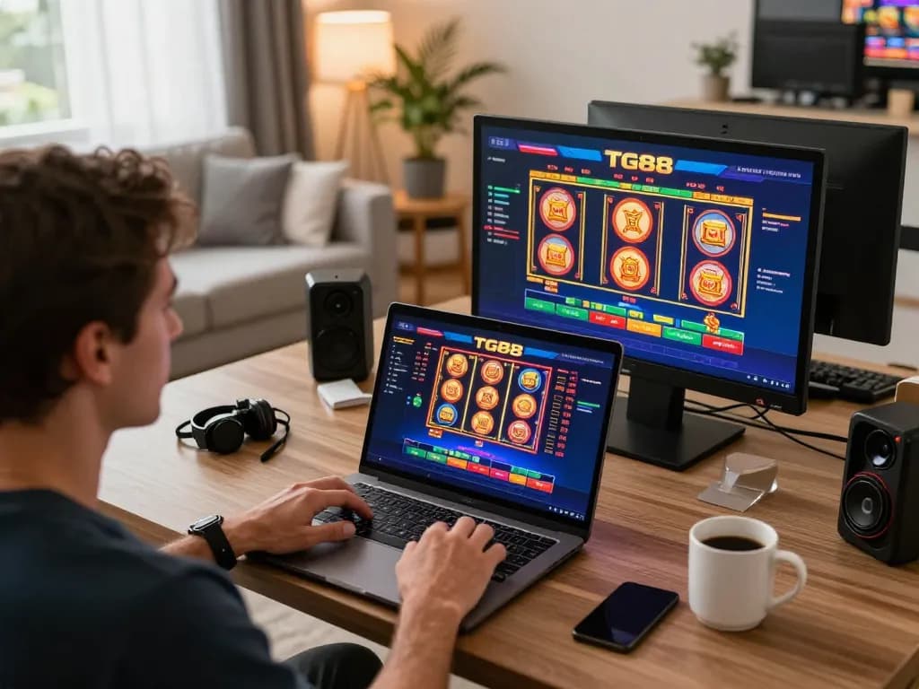 Player engaging with TG88 online casino games in a modern gaming setup, showcasing excitement in a home environment