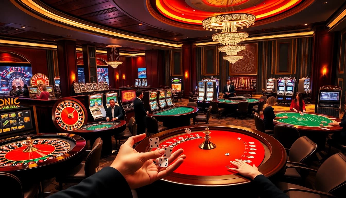 Engaging scene of gamblers enjoying various games at open88 info casino, with vibrant slot machines and poker tables.