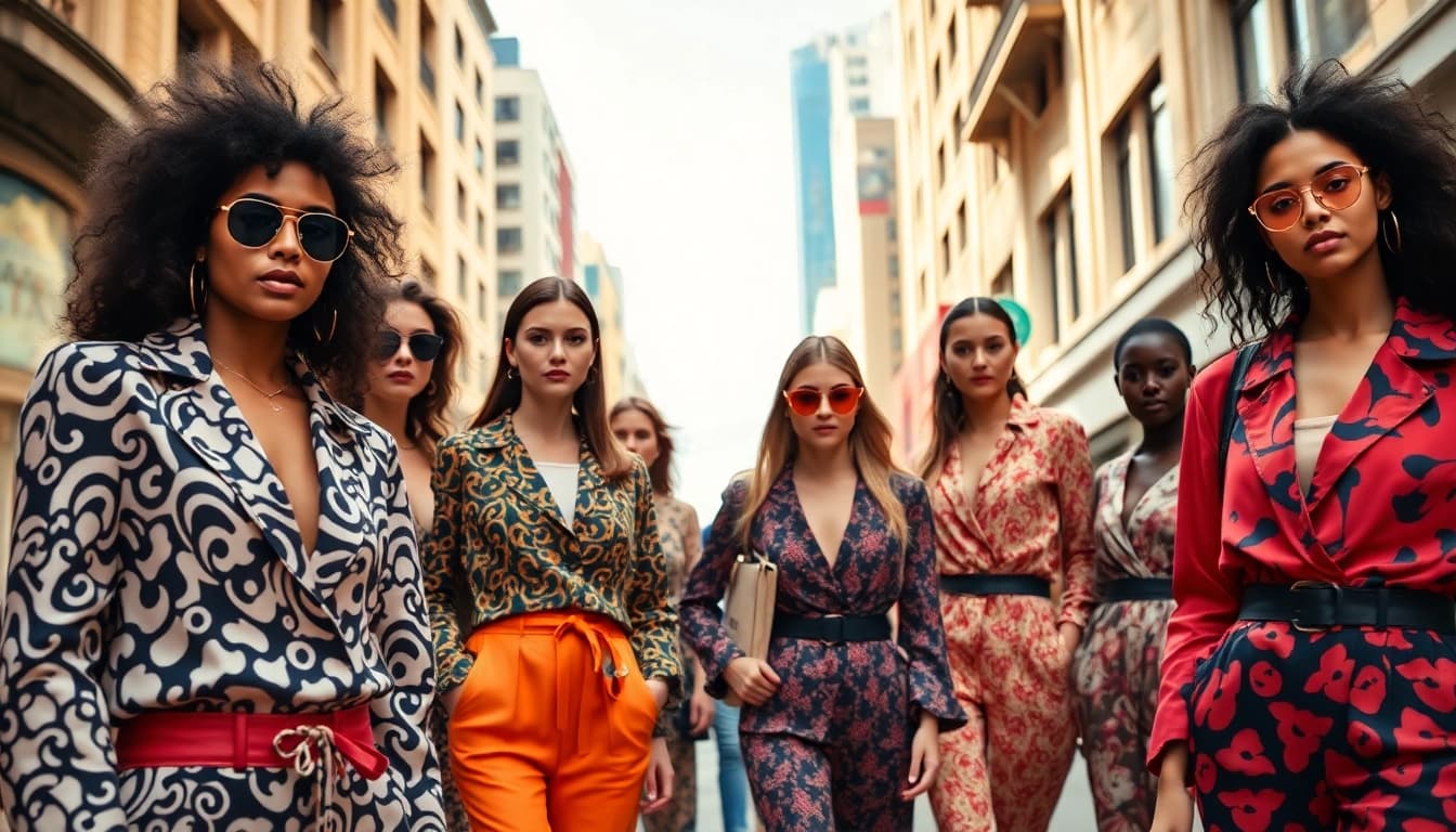 Fashion trends highlighted by stylish models on a vibrant urban street.
