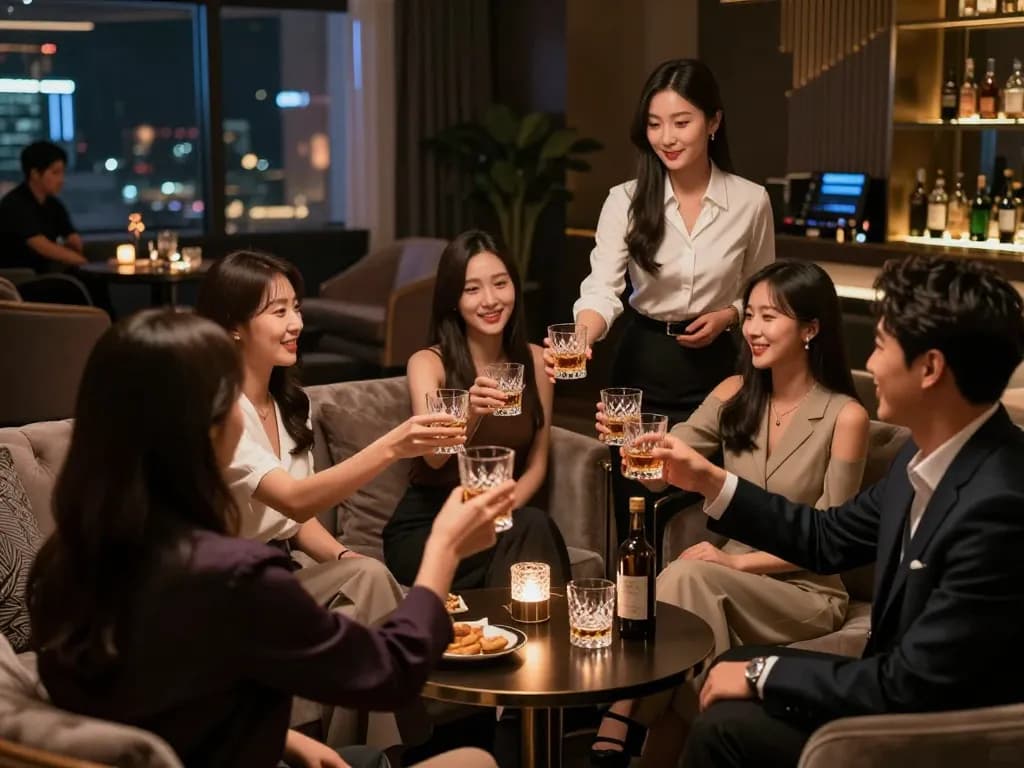 Gangnam쩜오 high-class room salon experience with drinks, elegant decor, and social interaction.