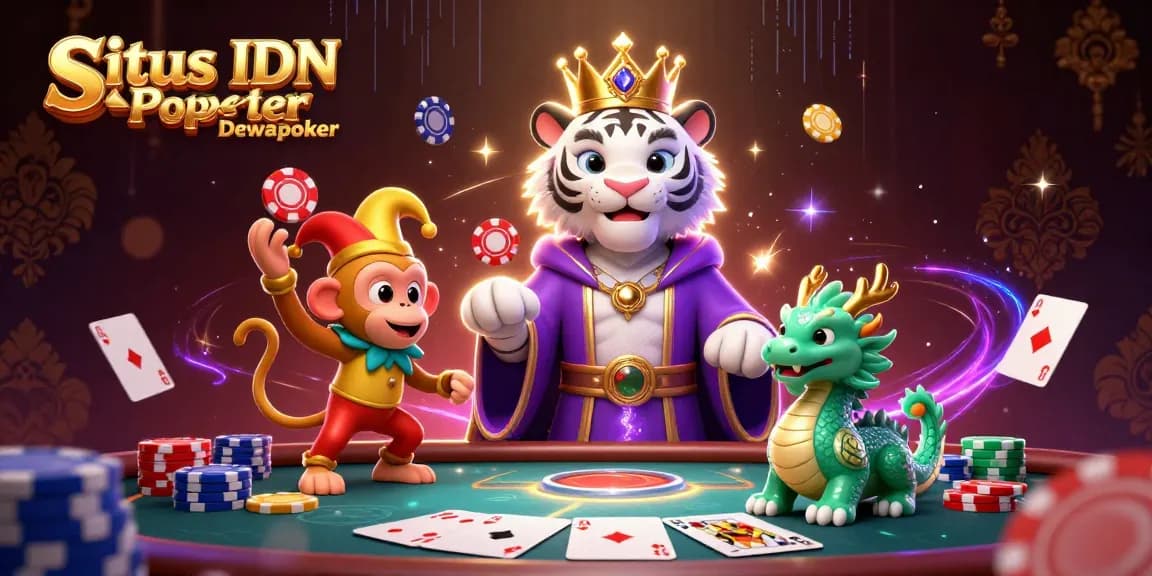 Engage with Situs IDN Poker Dewapoker's vibrant casino scene featuring a royal tiger and jester monkey.