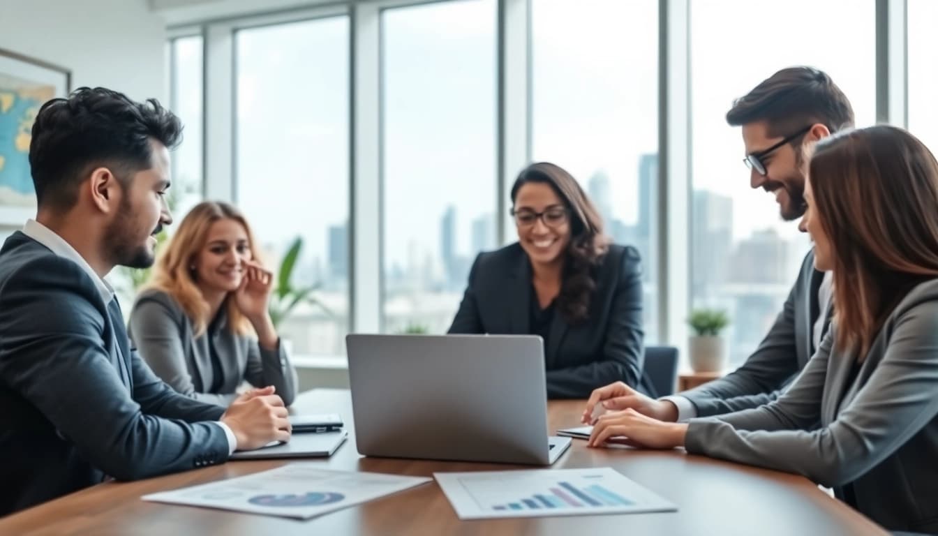 Business professionals collaborating in a modern meeting room.