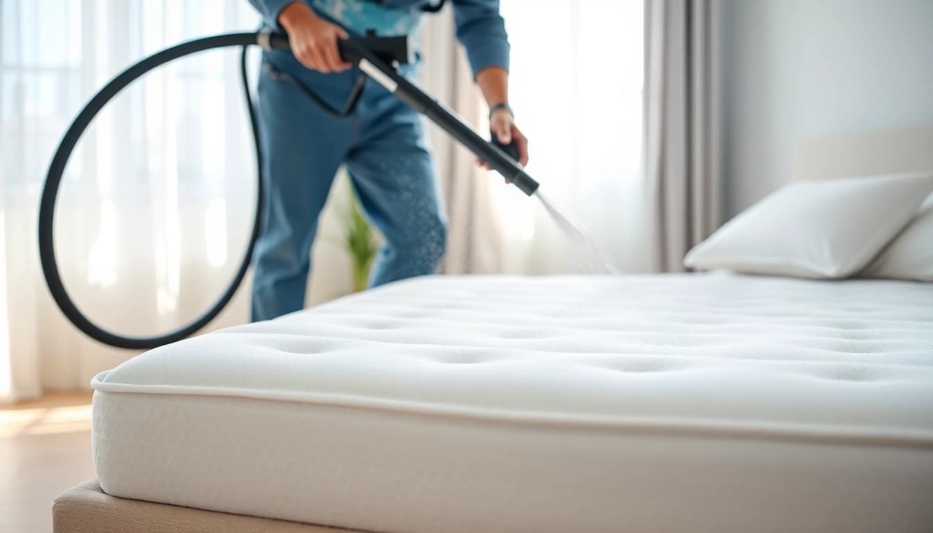 Experience professional mattress cleaning Dubai with a technician showcasing deep cleaning techniques.
