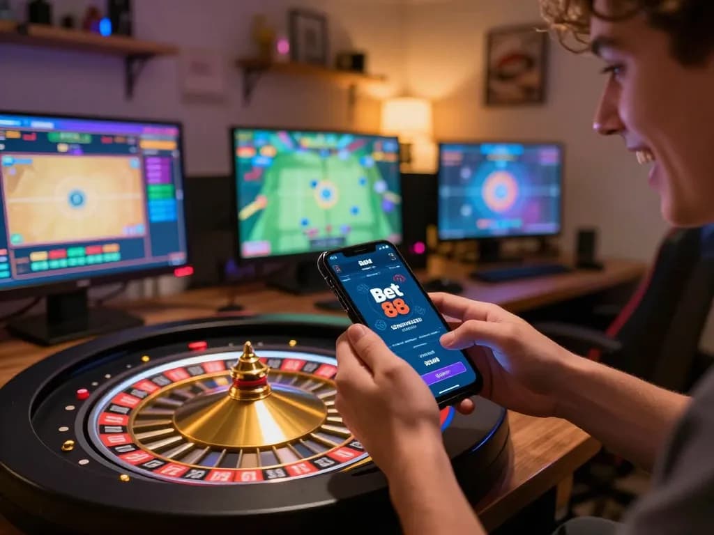 Engaged player spinning the virtual roulette wheel on Bet 88 mobile app in a cozy setup