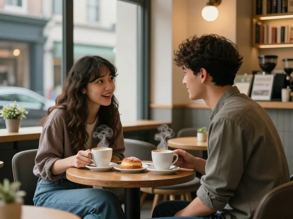 Two young adults engaging in a cozy café conversation, showcasing a crush on each other.