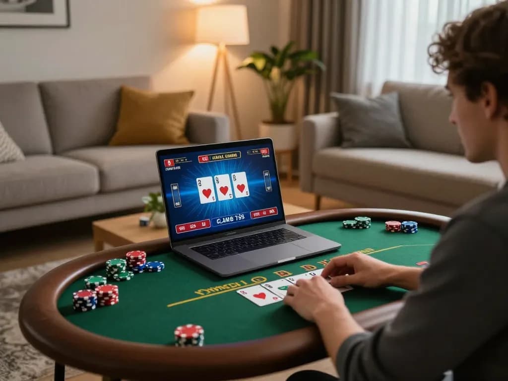 Engaging in a live dealer game at king33 from the comfort of home, showcasing strategic online gambling.